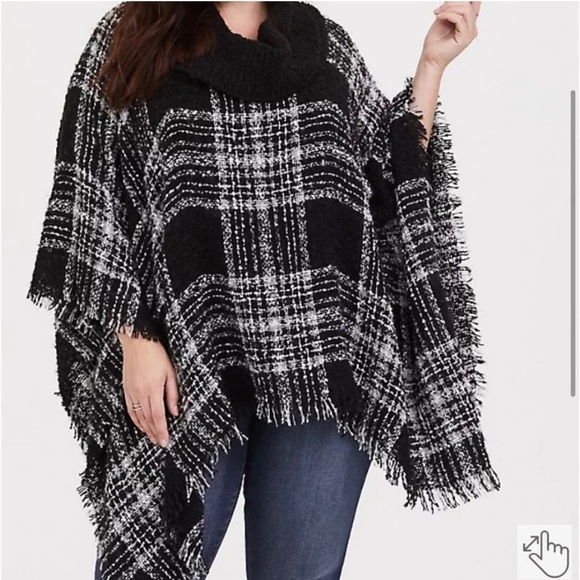 Torrid Southwestern Plaid Boho Fringe Cowl Turtleneck Poncho Sweater - Picture 3 of 7